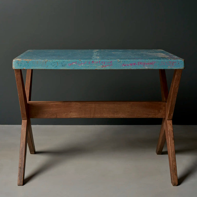 Lemieux et Cie Pierre Jeanneret X-leg student desk with original blue painted top, c. 1960, Panjab University, Chandigarh - full front view showing the X-leg base and lower stretcher shelf