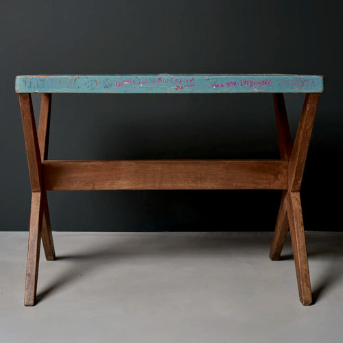 Lemieux et Cie Pierre Jeanneret X-leg student desk with original blue painted top, c. 1960, Panjab University, Chandigarh - full view showing the solid teak X-leg base and lower stretcher shelf