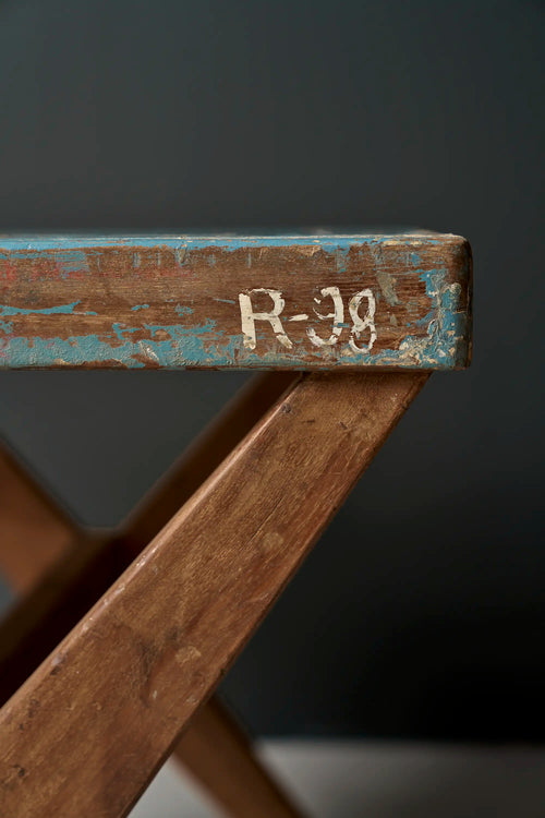 Lemieux et Cie Pierre Jeanneret X-leg student desk with original blue painted top - close-up of the R-98 room inventory marking on the apron edge