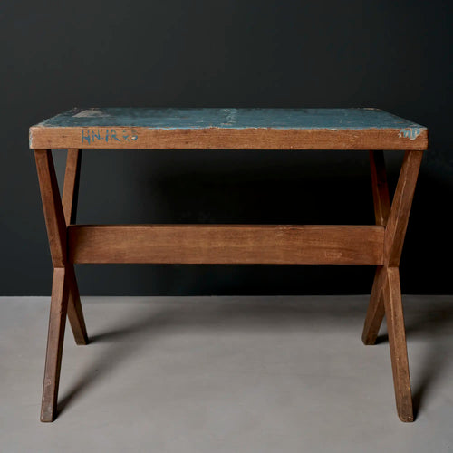 Lemieux et Cie Pierre Jeanneret X-leg student desk with original blue painted top, c. 1960, Panjab University, Chandigarh - side profile showing the teak X-leg base and the blue painted top