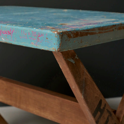 Lemieux et Cie Pierre Jeanneret X-leg student desk with original blue painted top - side view showing the blue painted top edge and the teak X-leg
