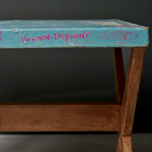 Lemieux et Cie Pierre Jeanneret X-leg student desk with original blue painted top - blue painted top with handwritten student inscriptions, on the X-leg base