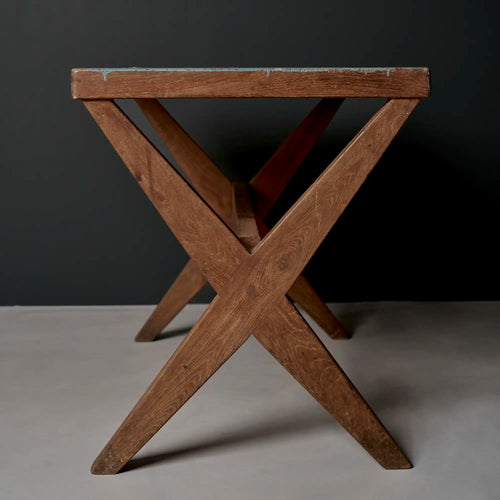 Lemieux et Cie Pierre Jeanneret X-leg student desk with original blue painted top - three-quarter view of the solid teak X-leg base and lower stretcher shelf