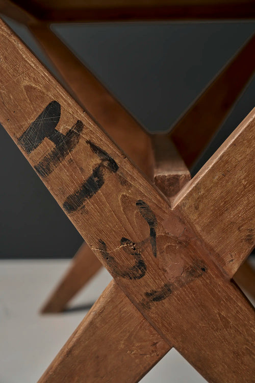 Lemieux et Cie Pierre Jeanneret X-leg student desk with original blue painted top - close-up of the teak X-leg with the HT34 room inventory marking