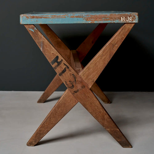 Lemieux et Cie Pierre Jeanneret X-leg student desk with original blue painted top - three-quarter view of the solid teak X-leg with the HT34 room marking and R-98 on the apron