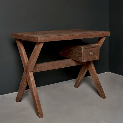 Lemieux et Cie Pierre Jeanneret writing desk in solid teak - three-quarter view from the opposite side showing the slab top, X-legs and drawer