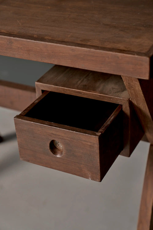 Lemieux et Cie Pierre Jeanneret writing desk in solid teak - close-up with the drawer open, showing the suspended drawer construction