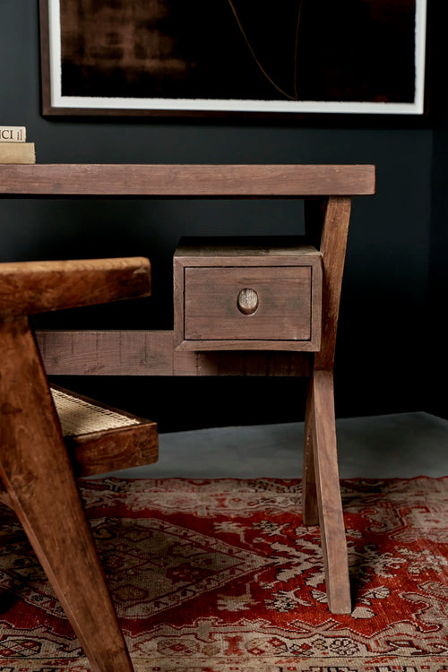 Lemieux et Cie Pierre Jeanneret writing desk in solid teak - styled close-up of the drawer and X-leg frame