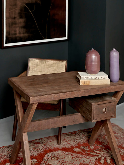 Lemieux et Cie Pierre Jeanneret writing desk in solid teak - styled with a teak armchair, books and ceramics, framed art behind