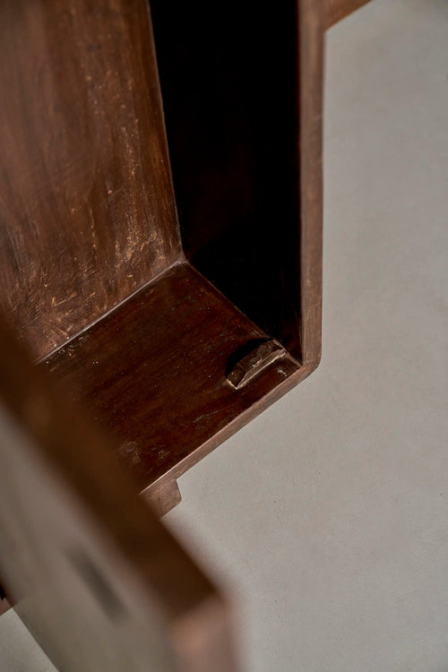 Lemieux et Cie Pierre Jeanneret writing desk in solid teak - close-up of the open door with the circular cutout and the iron turn-latch