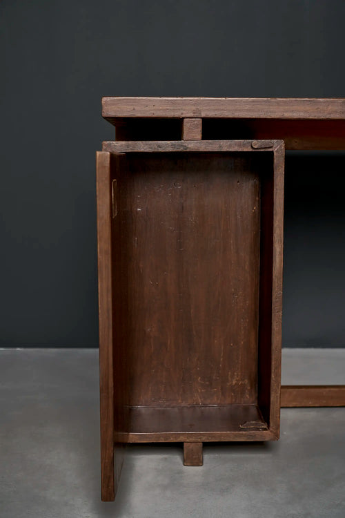 Lemieux et Cie Pierre Jeanneret writing desk in solid teak - the single-door storage compartment open, showing the interior bay