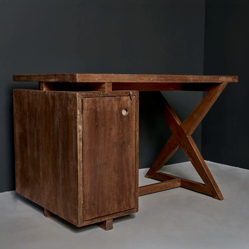 Lemieux et Cie Pierre Jeanneret writing desk in solid teak - three-quarter view from the door side showing the pedestal and the X-leg frame