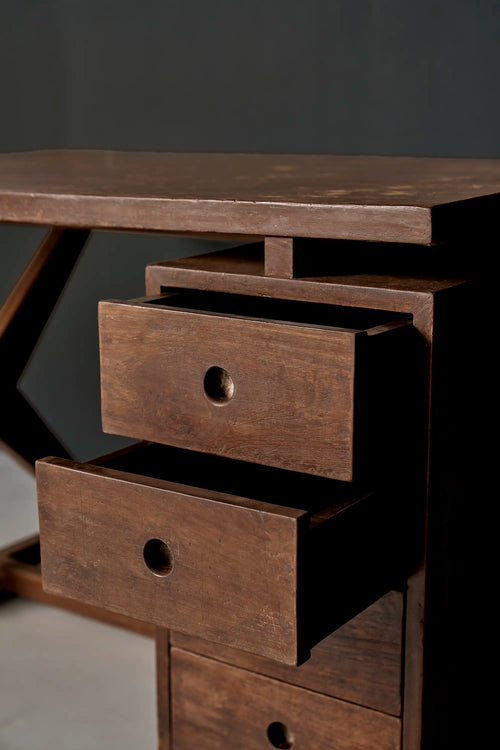Lemieux et Cie Pierre Jeanneret writing desk in solid teak - close-up with the pedestal drawers open, showing the circular cutout pulls