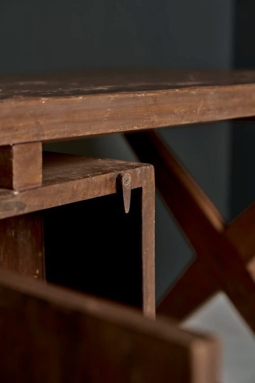 Lemieux et Cie Pierre Jeanneret writing desk in solid teak - underside detail showing the central teak support connecting the floating top to the pedestal