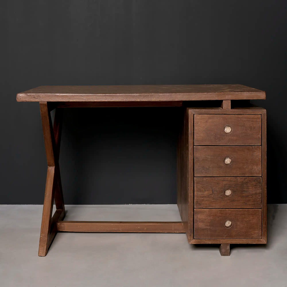 Lemieux et Cie Pierre Jeanneret writing desk in solid teak, c. 1960, Physics Department, Panjab University, Chandigarh - front view showing the floating top, the X-leg frame with floor stretcher and the integrated four-drawer pedestal