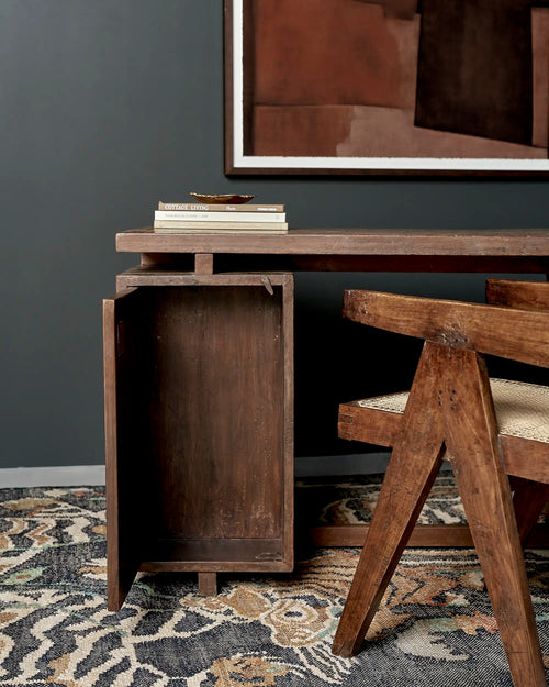 Lemieux et Cie Pierre Jeanneret writing desk in solid teak - styled view from the door side with the storage compartment open