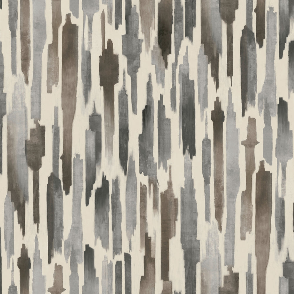 Lemieux et Cie Pluie rug in charcoal grey with coco brown, handwoven carpet with raised watercolor streaks in vertical pattern, shown on white studio backdrop.