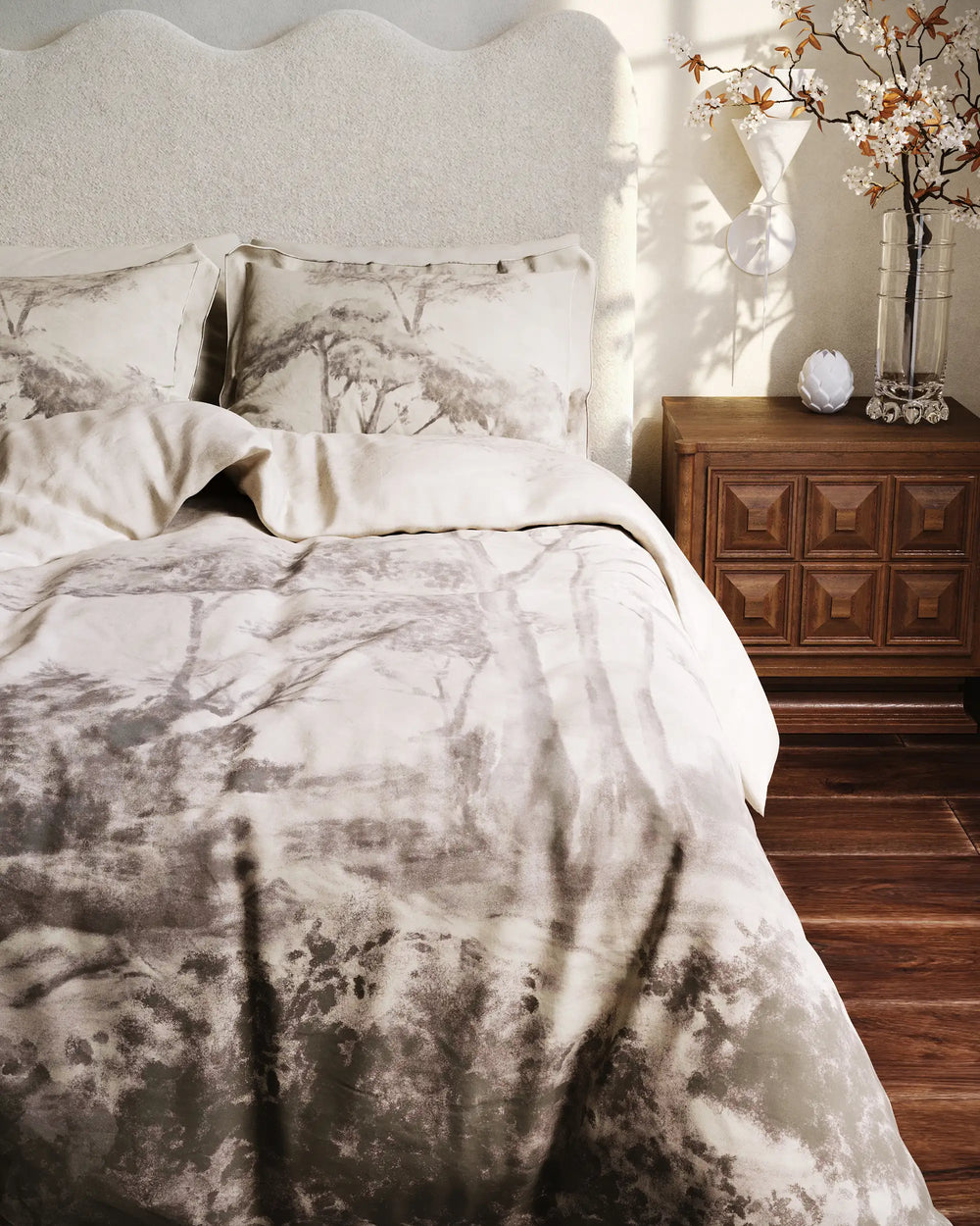 Lemieux et Cie Provençal Scenic Landscape percale duvet covers king with matching shams styled with scalloped Celine headboard and Voltaire nightstand in warm daylight.