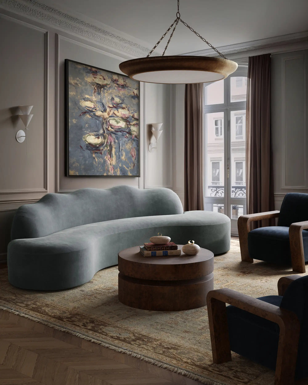 Modern living room with Serpentine curved sofa, walnut avenir coffee table, and Reflet abstract painting on the wall.