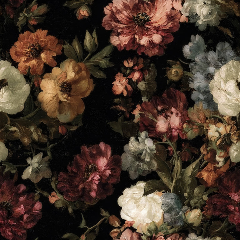 Lemieux et Cie Renaissance Floral peel and stick moody wallpaper with painterly blooms in warm rust, blush, and ivory emerging from a deep black ground, ideal for dining rooms and powder rooms.
