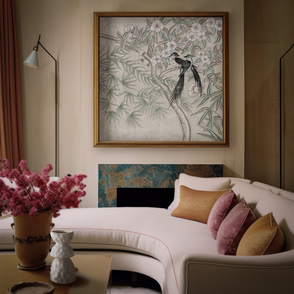 Lemieux et Cie Dax Quilt in cotton with geometric stitching, styled on curved sofa in sitting room with veined marble fireplace and warm neutral walls.