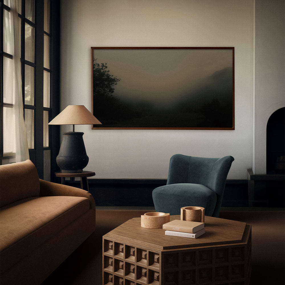 Lemieux et Cie Nara Limited Edition Art Photograph, framed landscape print in warm wood frame, hung above seating in neutral sitting room with soft daylight.