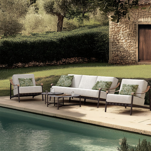 Lemieux Et Cie Hudson 3-Seat Sofa SQHudson foliagepillows copy Outdoor patio set with white cushions by a poolside
