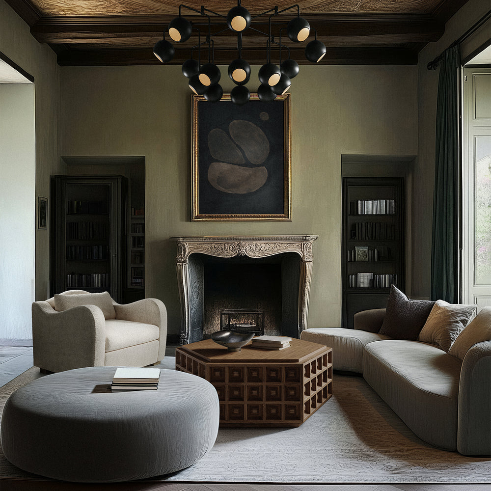 Lemieux et Cie Pierre Emmanuel Martin Limited Edition Print A1, abstract artwork in organic earth tones, displayed above carved fireplace in a sitting room with wood ceiling and neutral walls.