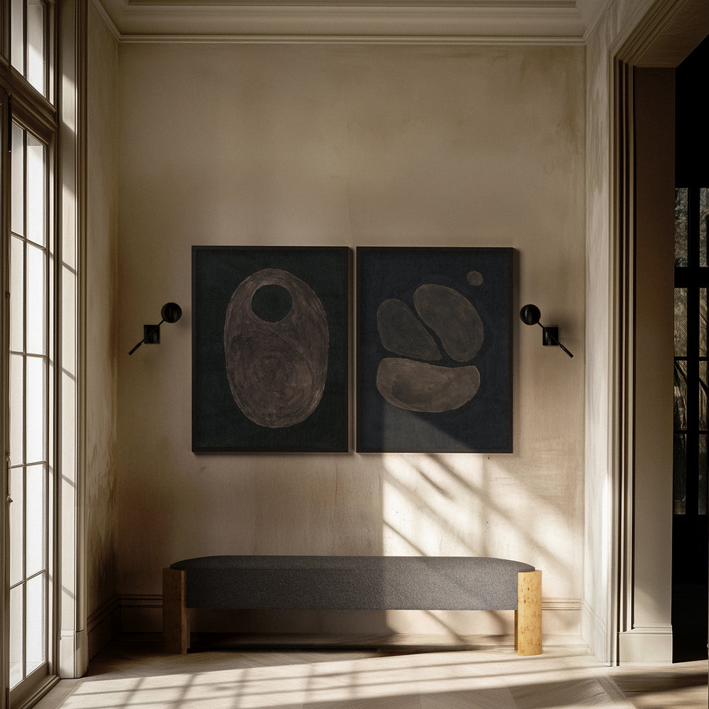 Lemieux et Cie Pierre Emmanuel Martin Limited Edition Print A1, abstract artwork in charcoal and earth tones, flanked by dark sconces on plaster walls in soft daylight.