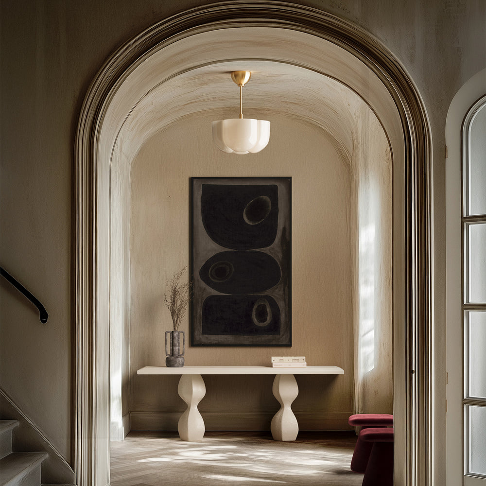 Lemieux et Cie Pierre Emmanuel Martin Limited Edition Print B2, framed artwork with circular motifs, hung in an arched alcove with plaster walls and chevron wood floors.