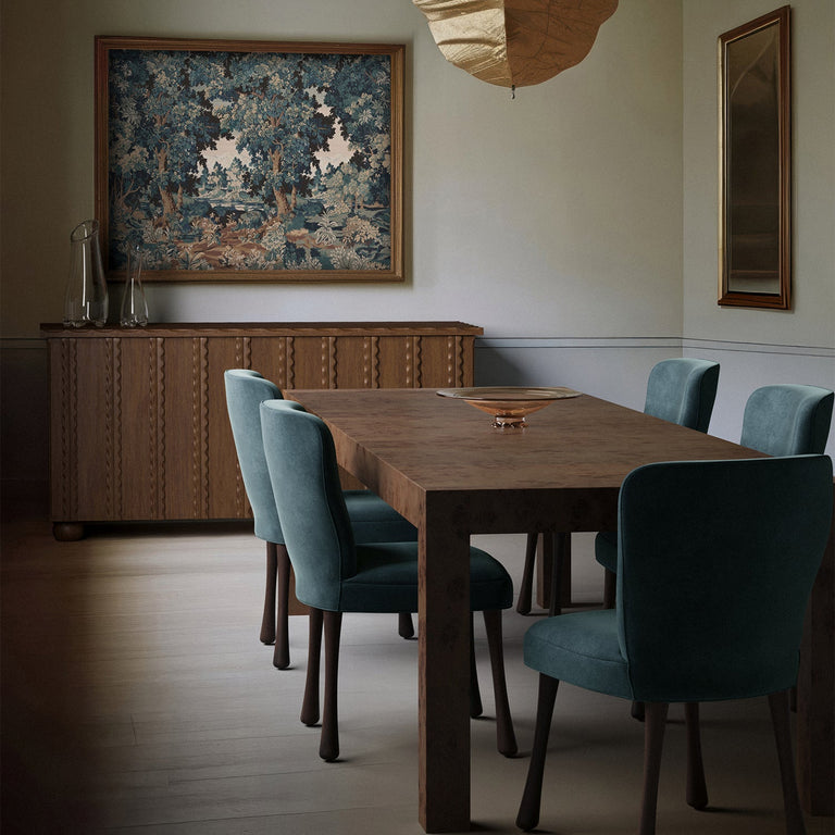 Lemieux et Cie Avenir Extension Dining Table in natural burl wood, Parsons-style dining table in a dining room with pale wood floors and neutral walls