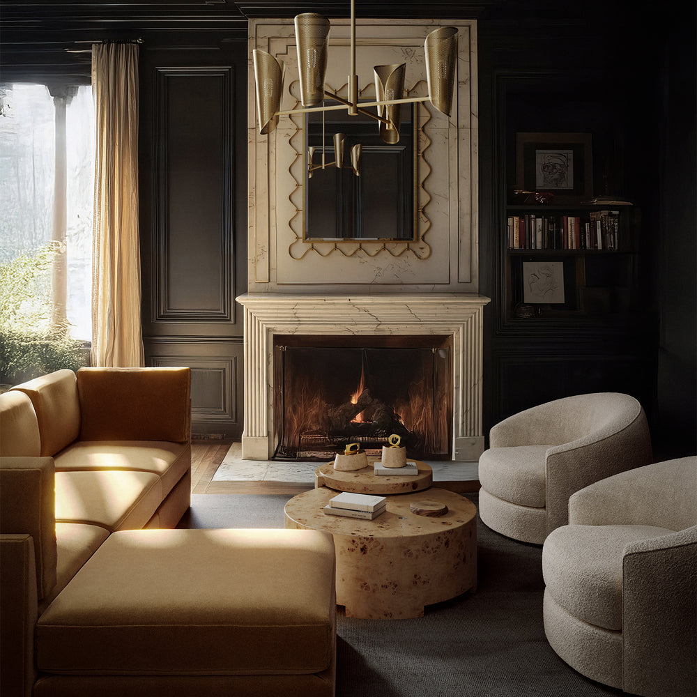 Lemieux Et Cie Chanaux 4-Piece Cozy living room with a fireplace, beige sofa, and armchairs.