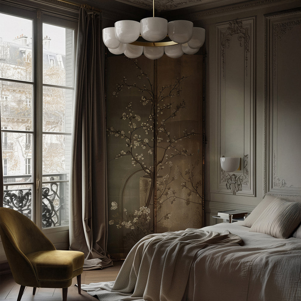 Lemieux et Cie Cheverny Large Chandelier with white milk glass shades and burnished brass detailing, suspended over a bed with Cheverny Small Sconce on the wall.