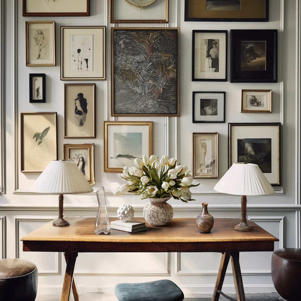 Lemieux et Cie Sansui Limited Edition Art Print with sweeping linear contrasts in black and silver, framed artwork displayed above a wood console in a gallery wall setting with paneled walls.