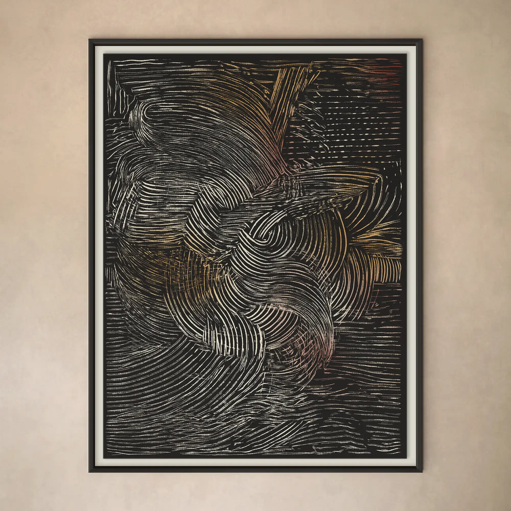 Lemieux et Cie Sansui Limited Edition Art Print with sweeping linear patterns in black, silver and muted gold, framed artwork on neutral plaster wall