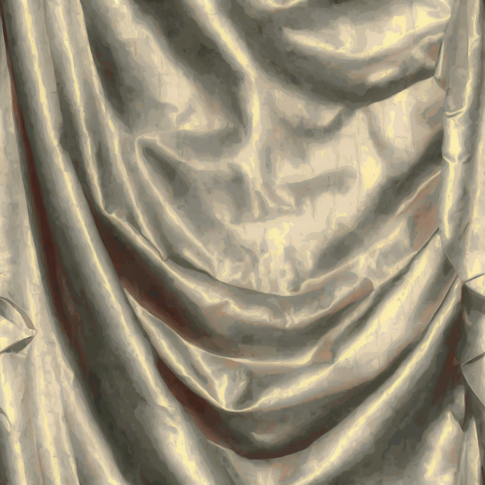 Lemieux et Cie Draped 3D fabric effect modern chinoiserie wallpaper with gold iridescent silk drapery, chinoiserie mural design.
