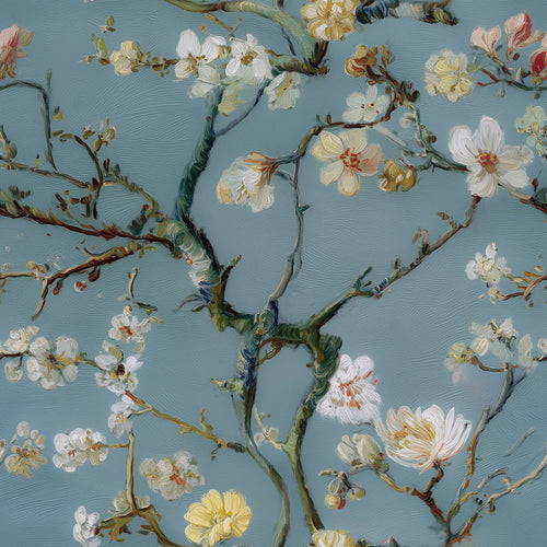 Lemieux et Cie Sky Blooms blue chinoiserie wallpaper with painterly blossoms, Post-Impressionist inspired chinoiserie peel and stick wallpaper.