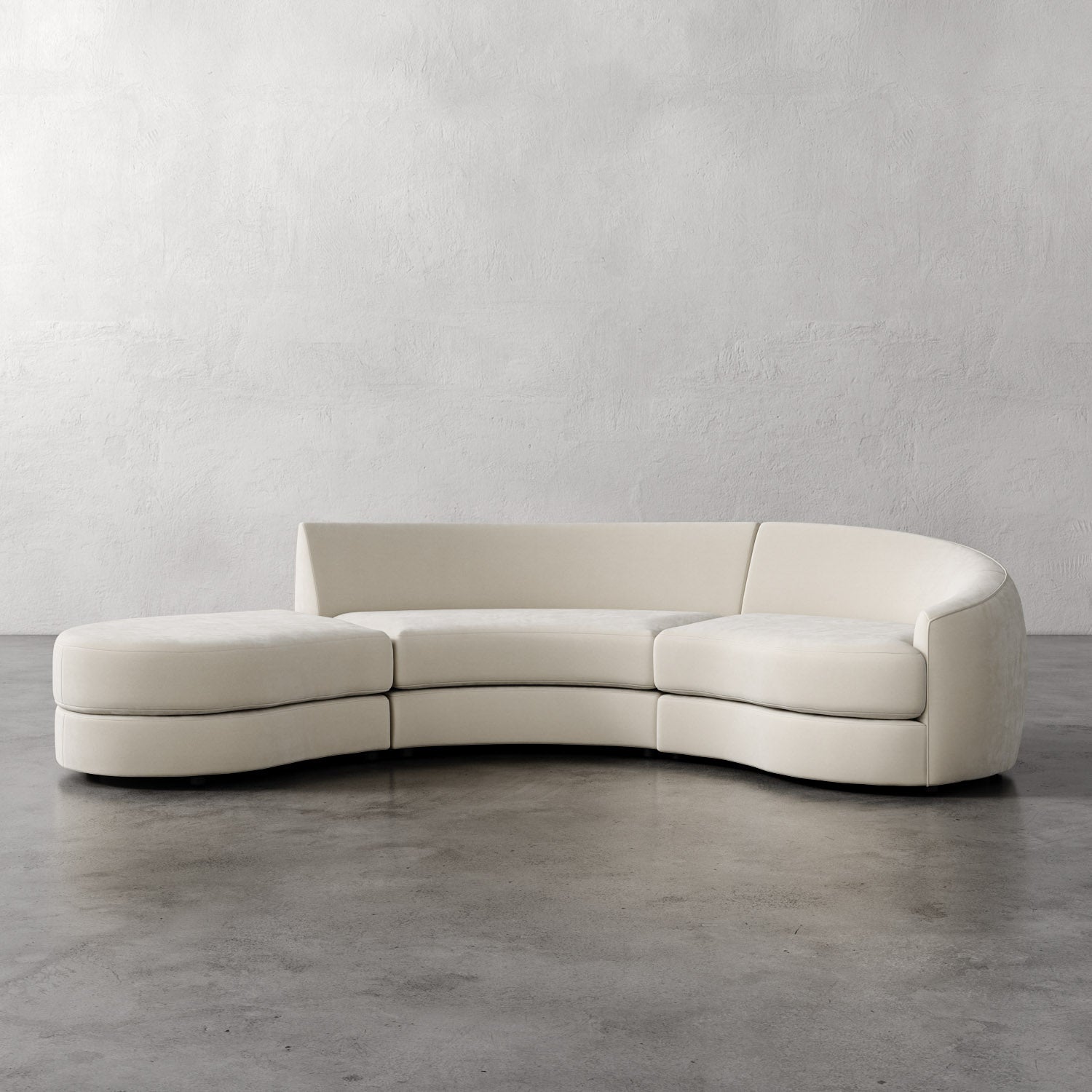 Lemieux Et Cie Rulmann 3-Piece Right Sectional  Modern white curved sofa on a gray floor with a plain wall background