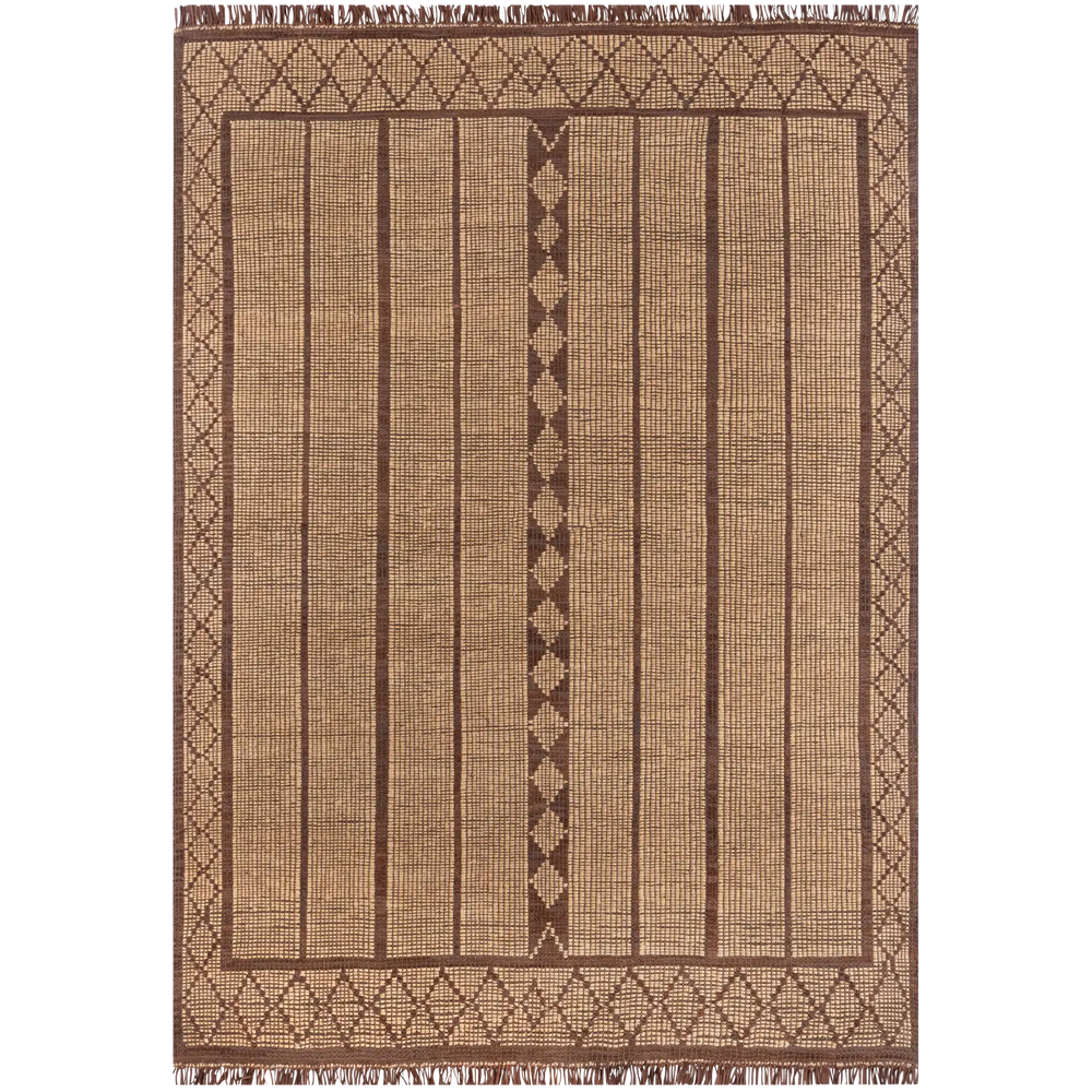 Lemieux et Cie Tugart Joma Rug in tan and brown handwoven leather and jute, geometric striped pattern with diamond border, shown on white studio backdrop.