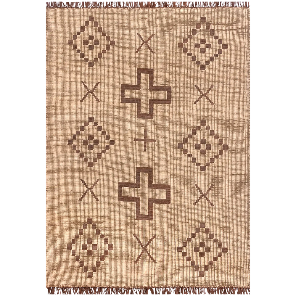 Lemieux et Cie Tugart rug in natural tones, handwoven leather and jute with geometric pattern and fringe, shown on white studio backdrop.