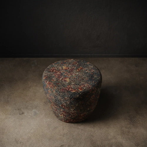 Taiko Stool / End Table by Lemieux et Cie in Oxide Bloom reactive glaze with rust, charcoal, and mineral tones. 