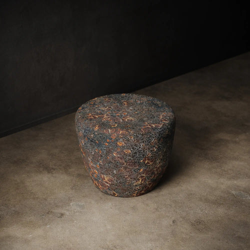 Taiko Stool / End Table by Lemieux et Cie in Oxide Bloom reactive glaze with rust, charcoal, and mineral tones. 
