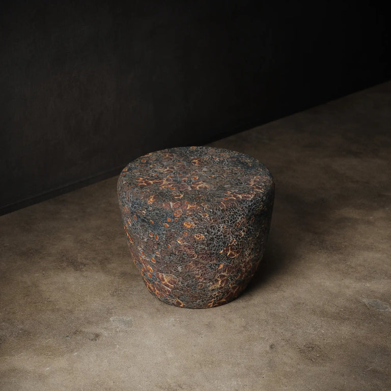 Taiko Stool / End Table by Lemieux et Cie in Oxide Bloom reactive glaze with rust, charcoal, and mineral tones. 