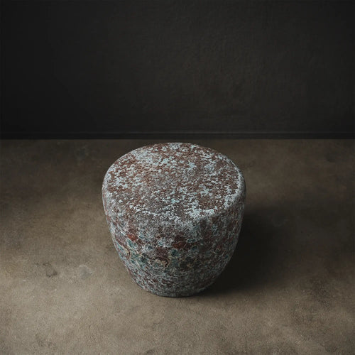 Taiko Stool / End Table by Lemieux et Cie in Oxidized Jade reactive glaze with rounded form and aged-metal green and oxblood tones. 