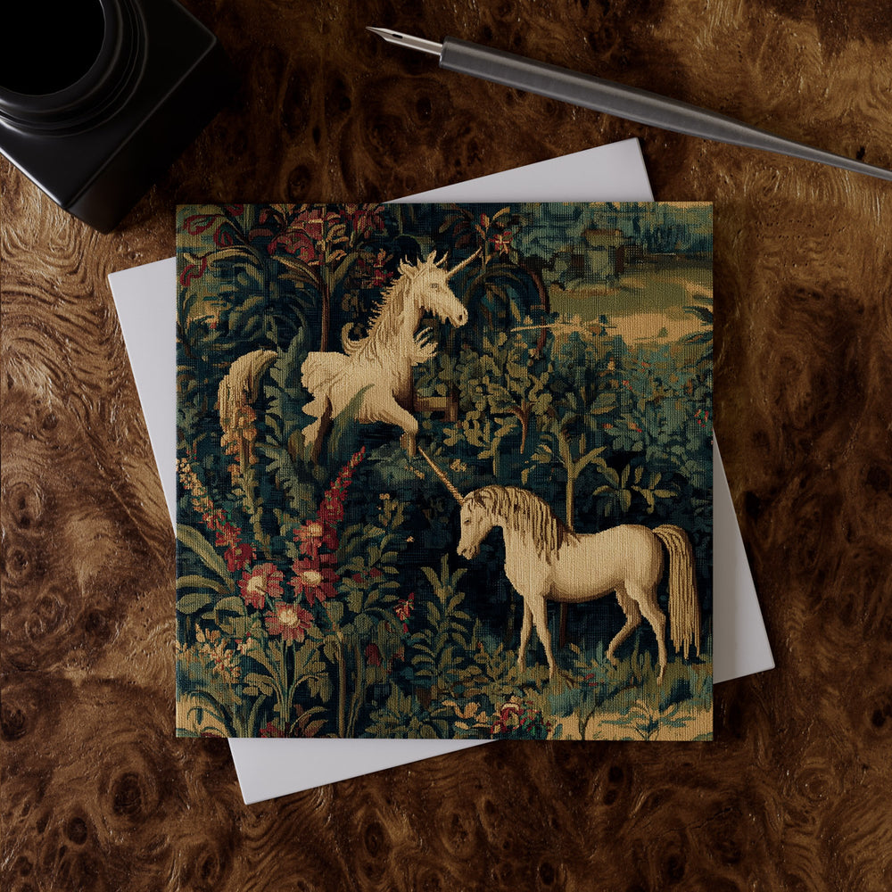 Lemieux et Cie Unicorn Holiday Greeting Card Set, tapestry-inspired design in deep greens and rose, shown on burl wood desk with white envelope.