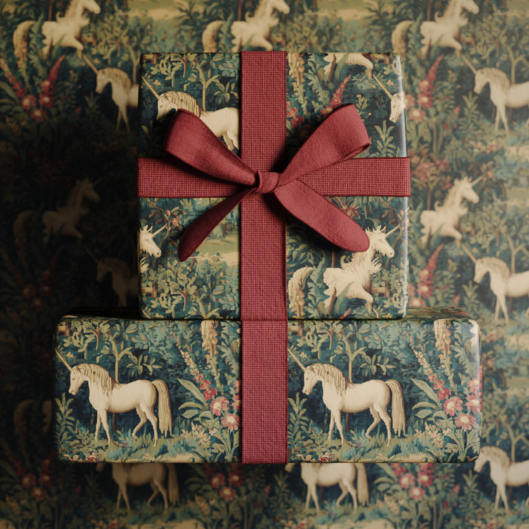 Lemieux et Cie Unicorn Holiday Christmas gift wrapping ideas inspired by medieval unicorn tapestries.