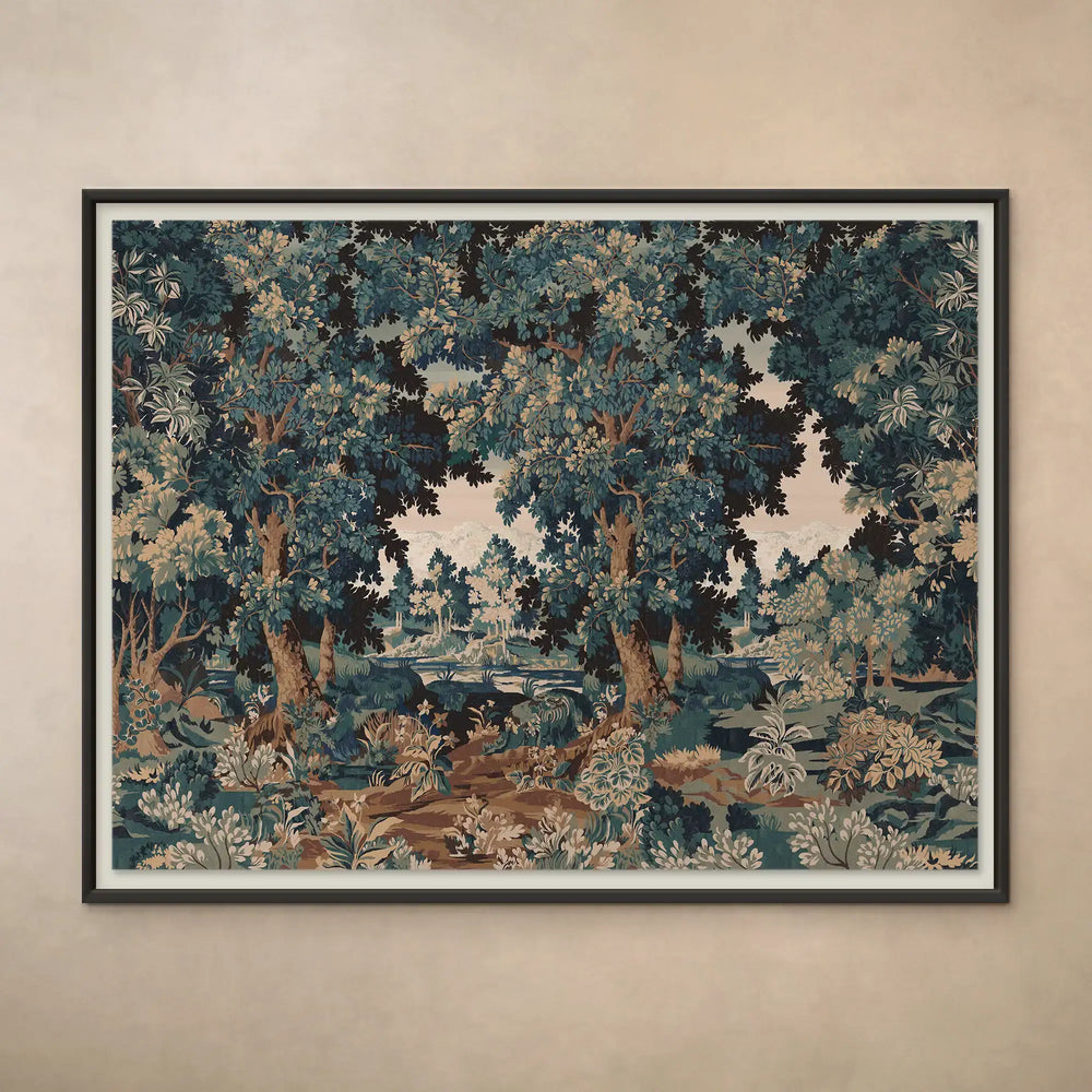 Lemieux et Cie framed tapestry depicting woodland garden scene in teal, brown and cream tones, hung on neutral plaster wall.