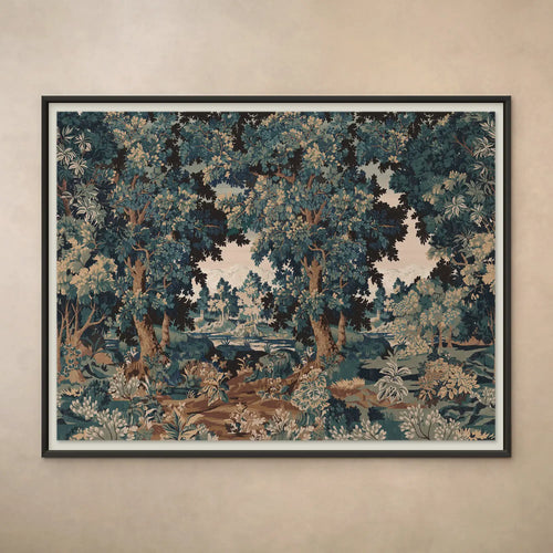 Lemieux et Cie framed tapestry depicting woodland garden scene in teal, brown and cream tones, hung on neutral plaster wall.