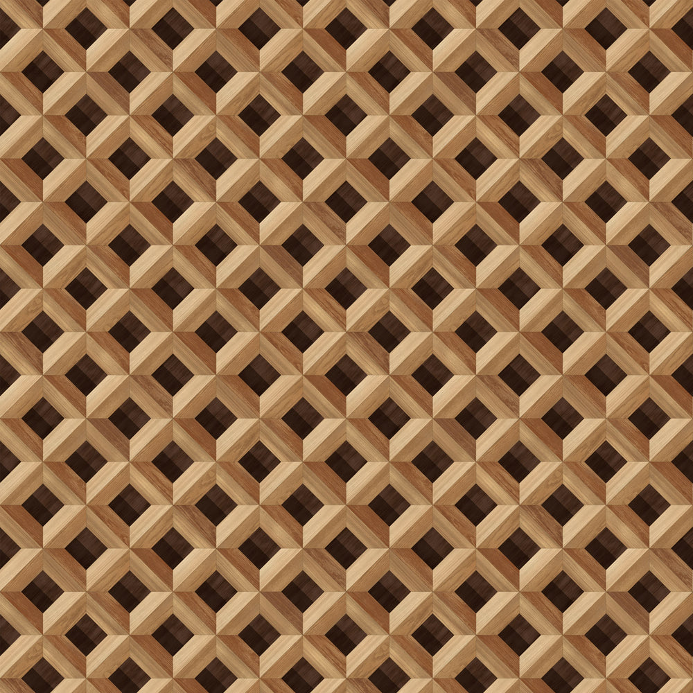 Lemieux et Cie Versailles Marquetry Geometric Wallpaper, peel and stick covering with three-dimensional diamond lattice pattern in warm tones inspired by parquet inlay.