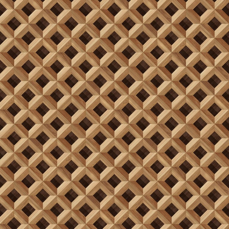 Lemieux et Cie Versailles Marquetry Geometric peel and stick wallpaper with parquet-style wood tones and an architectural lattice pattern, ideal for entryways and offices.
